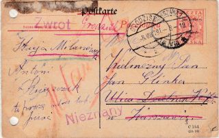 Poland 1919 Postcard Fi Cp 21 Ii " Return To Sender "