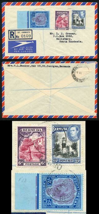 Bermuda Kgvi 2/ - Perf 13 On Registered Airmail Cover To South Rhodesia