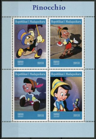 Madagascar 2019 Mnh Pinocchio Jiminy Cricket 4v M/s Disney Cartoons Stamps