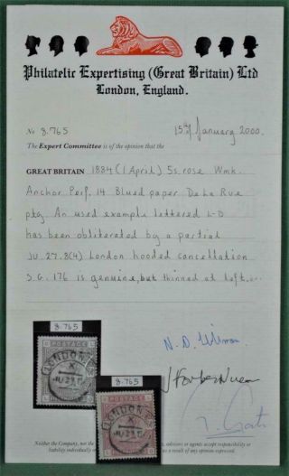 Gb Stamp Victoria 1883 5/ - Rose On Blued Paper Sg 176,  Certificate (c67)
