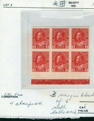 Canada Stamps 3c 138 3 Margin Block Of 6 With Lathe Work 4 Stamps Nh Fine