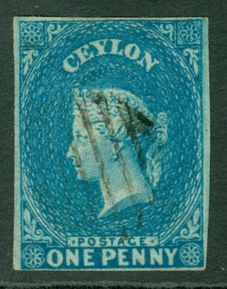 Sg 2b Ceylon 1857 - 59.  1d Blue On Blued Paper.  Very Fine.  4 Margins Cat.