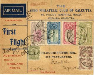 India,  1931 Imperial Reg.  First Flight Cover,  Calcutta To Kampala Uganda & Return