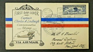 Us C10 Fdc Cachet Captain Charles Lindbergh Commemorative Stamp Air Mail 1927