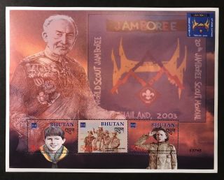 Bhutan 20th World Scout Jamboree Stamps Sheet 3v 2002 Mnh Scouts Scouting Badges