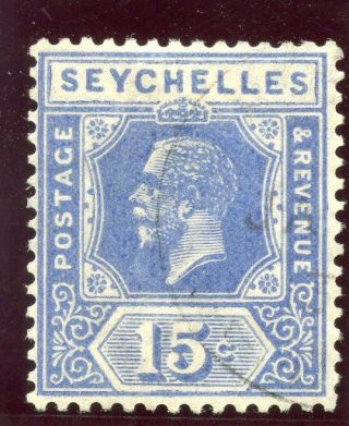 Seychelles 1921 Kgv 15c Bright Blue Very Fine.  Sg 110.  Sc 102.