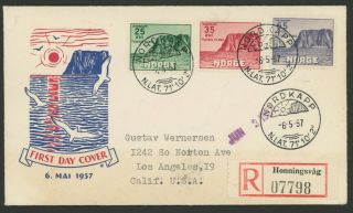 Norway Stamps Scott B59,  B60,  B61 On 1957 First Day Cover Nordkapp - Los Angeles