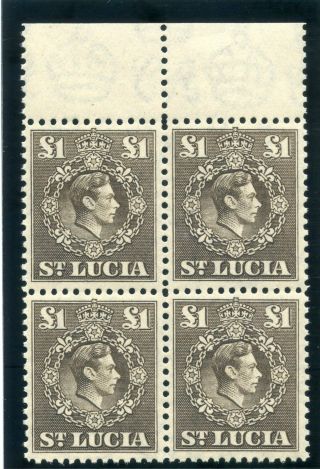 St Lucia 1946 Kgvi £1 Sepia Block Mnh.  Sg 141.  Sc 126.