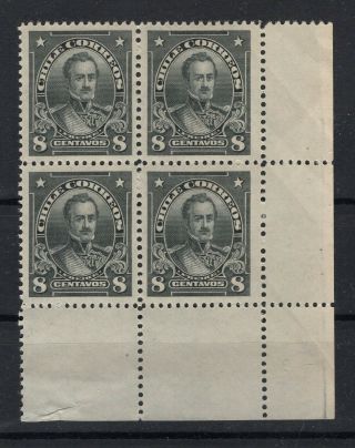 Chile 1912 - 13 Sc.  115 Freire Engraved 8 Cts 2 Mnh/ 2 Mlh Block Of 4 Corner Sheet
