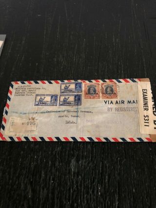 1940 Bahrain Registered Air Mail Cover To Austin Texas Censor Stamp Label