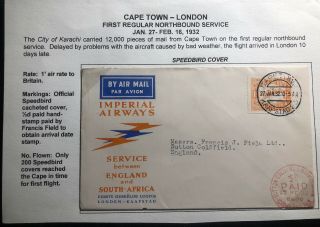 1932 Capetown South Africa First Flight Cover Ffc To London England Speedbird
