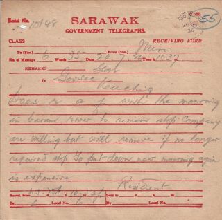 Sarawak,  Rare,  Gvmt Telegraph Re Raf Flight Moorings 1936.  Radio Kuching Cds