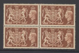 Block Of 4 Gb Kgvi £1 Brown Sg512 One Pound King George Vi Mh / Mnh 1951 Stamps