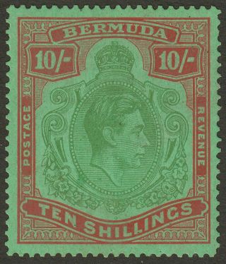 Bermuda 1942 Kgvi 10sh Yellow Green,  Carmine On Green P14¼ Sg119b Cat £500