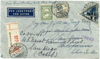 Neth.  Indies 1934 Regis.  Air Cover To Usa W/mixed Franking W/usa Airmail 5c