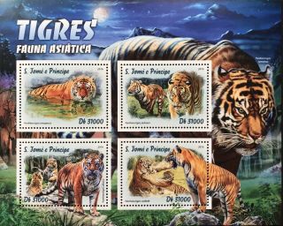 St Thomas & Prince Isl Tiger Stamps Sheet 2016 Mnh Sao Tome Wildcat Wild Animals