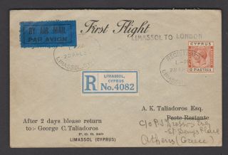 Cyprus 1932 First Flight Cyprus To London Air Mail Cover,  Scarce