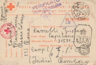 Italy - India 1942 Wwii Red Cross Double Censored Form Card To A Pow Capitano