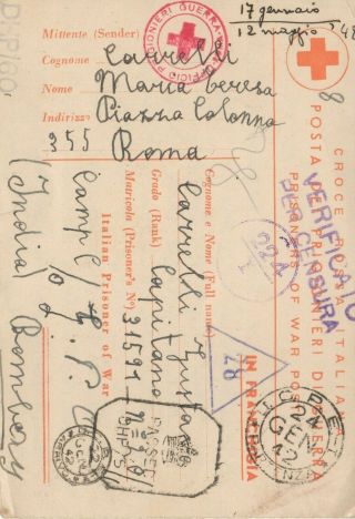 Italy - India 1942 WWII Red Cross double censored form card to a POW Capitano 2