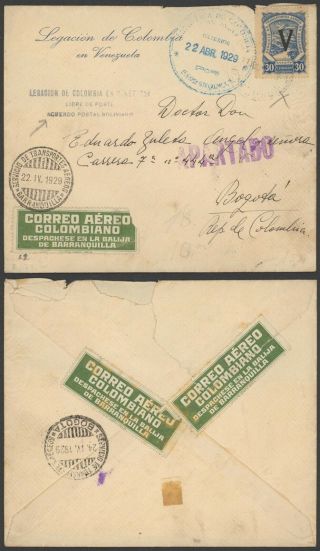 Venezuela 1929 - Air Mail Cover To Bogota Colombia - Scadta 34823/25