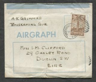 P29 - Timiskaming Ontario 1945 Airgraph Cover To Ireland.  10c Parliament