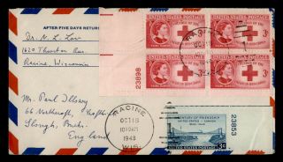 Dr Who 1948 Racine Wi Red Cross Plate Block Airmail To England E47340