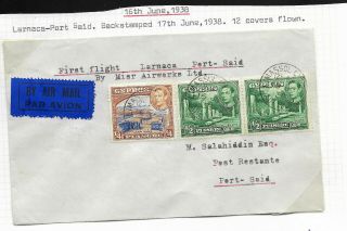 Cyprus 1938 First Flight Cover To Port Said Egypt By Misr Airworks (12 Flown)