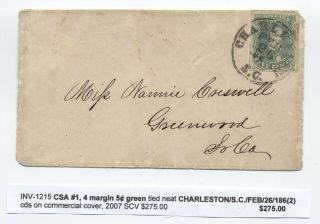 1862 Charleston Sc Confederate States 1 4 Margin Cover [4723.  18]