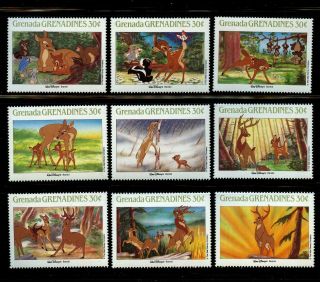 Bambi Disney Set Of 9 Stamps Mnh 1988 Grenada Grenadines 986a - 1
