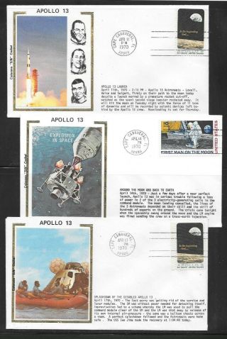 Usa - 1970 Apollo 13 Mission - Set Of 3 Colorano " Silk " Cachet Covers