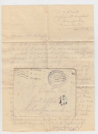 Ww1 Wounded Soldiers Letter Harpurhey Manchester Hospital Clacton Postage Due
