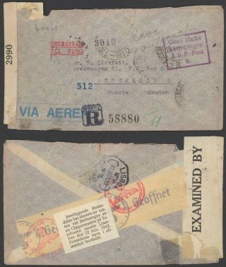 Brazil Wwii 1943 - Registered Air Mail Cover To Stockholm Sweden Censor 34820/2