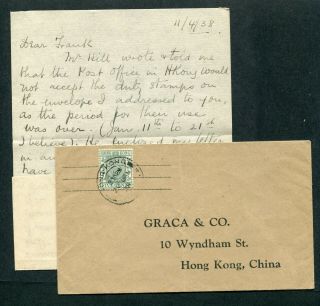 20.  01.  1938 Hong Kong Gb Kgvi 5c Stamp Duty Stamp On Cover,  Letter Inside
