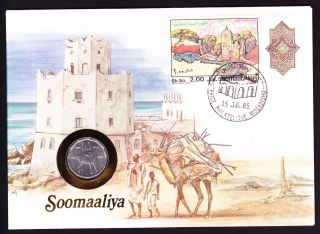 1985 Somaliland Somalia Stamp & Coin On Cover Natives With Camel Architecture