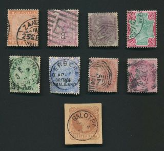 India Qv Stamps 1865 - 1903 Abroad & Interesting Cancels/ Ops Inc Zanzibar