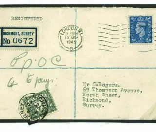 Gb Postage Dues Cover 1949 Registered Mail Pooc 4d Kgvi Richmond Surrey K243