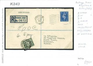 GB POSTAGE DUES Cover 1949 Registered Mail POOC 4d KGVI Richmond Surrey K243 2