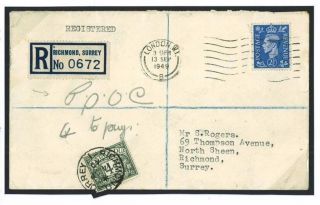 GB POSTAGE DUES Cover 1949 Registered Mail POOC 4d KGVI Richmond Surrey K243 3
