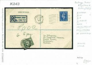 GB POSTAGE DUES Cover 1949 Registered Mail POOC 4d KGVI Richmond Surrey K243 4