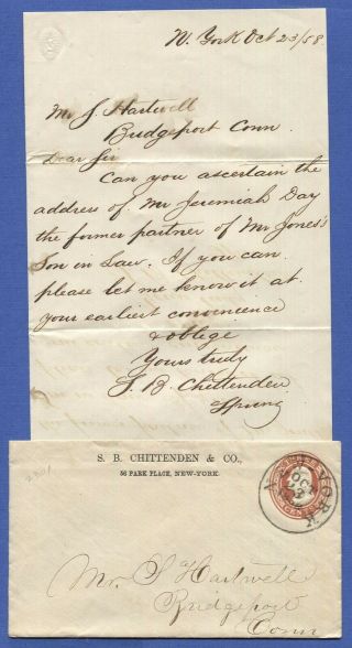 W497 - 1858 3c Stationery Envelope,  S.  B.  Chittenden & Co,  Ny,  Letter