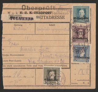 Austria 1918 Occupation Of Italy 4 Color Franking Usage Parcel Card.