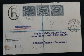 Very Rare 1911 St Vincent Registd Cover Ties 3 Stamps Canc Kingstown To Germany
