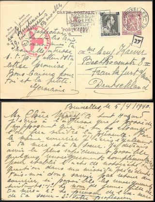 Belgium Ww2 Uprated Postal Stationery Card To Germany 1940 Censor