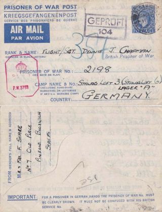 G.  B 1 Stalag Luft 3 Air Letter 2 1/2d From Bloxwich,  Staffs To Pow Camp {below}