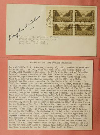 1945 Wwii General Douglas Macarthur Signed Fdc 934 Army Plate Block