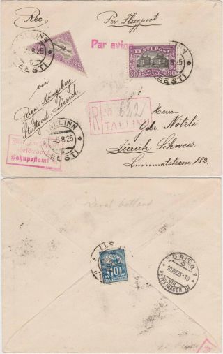 Estonia 1925 Air Mail Registered Cover Tallin - Zurich