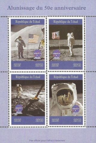 Chad - 2019 Apollo 11 Moon Landing 50th Anniversary - 4 Stamp Sheet - 3b - 677