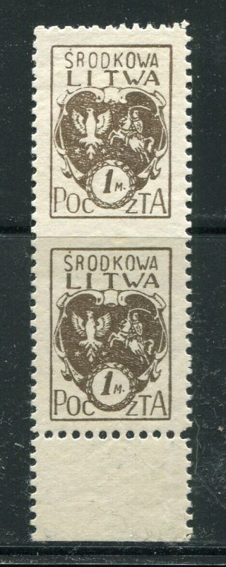 X10 - Poland Central Lithuania 1920 Scott 4 Mh Pair Imperforated Between Error