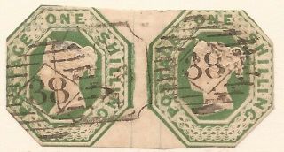 1847 - 54 Sg54 1s Embossed Green Strip Of 2,  Vgu,  Margins,  Cv=£1,  900
