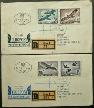 Austria 29 Sep 1953 Airmail First Day Covers With Bird Stamps To England